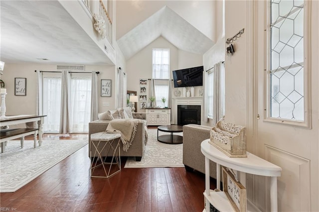 6729 Hampton Roads Pkwy Unit D, Suffolk, VA 23435 - living area with a fireplace, dark wood-style floors, and high vaulted ceiling