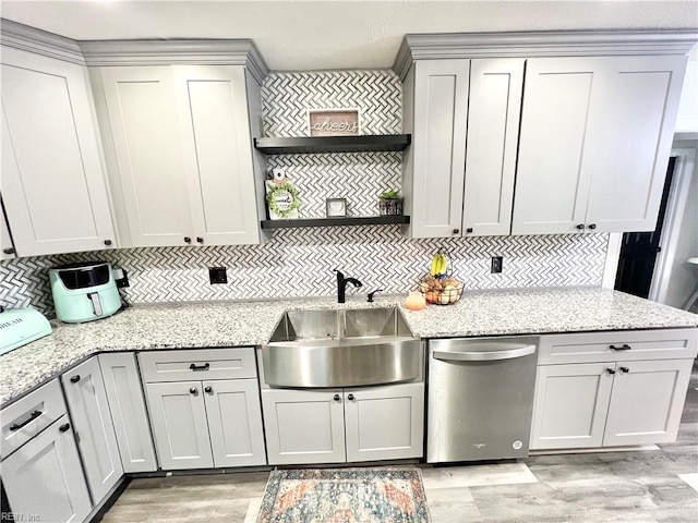 969 Westerly Trl, Virginia Beach, VA 23464 - kitchen with dishwasher, open shelves, gray cabinetry, and backsplash