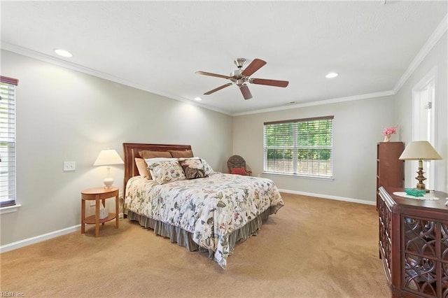2152 Benomi Dr, Williamsburg, VA 23185 - bedroom featuring light colored carpet, recessed lighting, ornamental molding, and ceiling fan