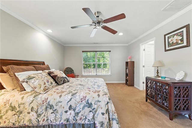 2152 Benomi Dr, Williamsburg, VA 23185 - bedroom featuring light carpet, crown molding, recessed lighting, and a ceiling fan