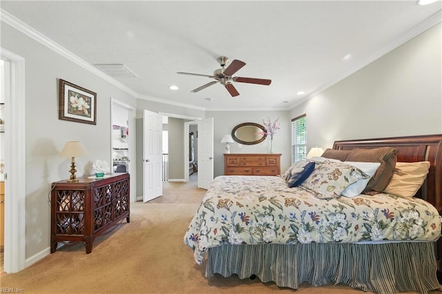 2152 Benomi Dr, Williamsburg, VA 23185 - bedroom with light colored carpet, crown molding, recessed lighting, and ceiling fan