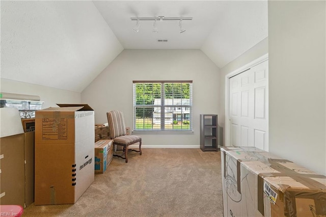 2152 Benomi Dr, Williamsburg, VA 23185 - office area featuring light colored carpet, rail lighting, and lofted ceiling