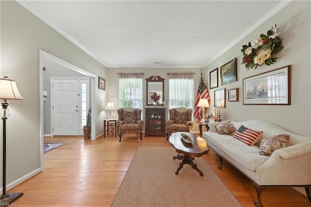 2152 Benomi Dr, Williamsburg, VA 23185 - living room with ornamental molding, light wood-style floors, and a textured ceiling