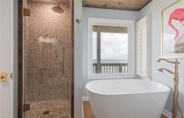 119 Grand View Dr, Hampton, VA 23664 - bathroom featuring a stall shower, a freestanding bath, and a water view