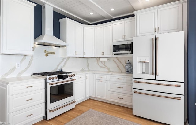 119 Grand View Dr, Hampton, VA 23664 - kitchen with white appliances, premium range hood, light wood-type flooring, white cabinets, and recessed lighting