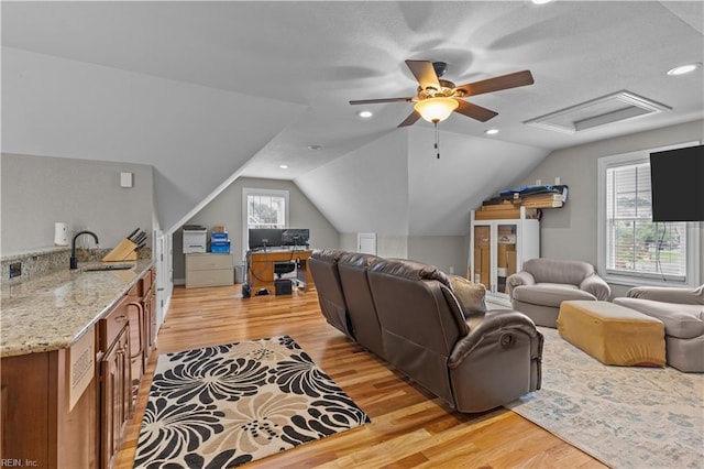 860 Greenfield Ln, Chesapeake, VA 23322 - living area with light wood-type flooring, attic access, lofted ceiling, ceiling fan, and recessed lighting