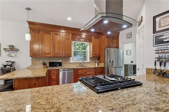 713 Tupelo Xing, Chesapeake, VA 23320 - kitchen with appliances with stainless steel finishes, island range hood, backsplash, light stone counters, and recessed lighting