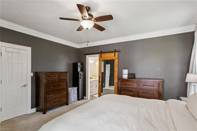 713 Tupelo Xing, Chesapeake, VA 23320 - carpeted bedroom with crown molding, a ceiling fan, connected bathroom, and a barn door