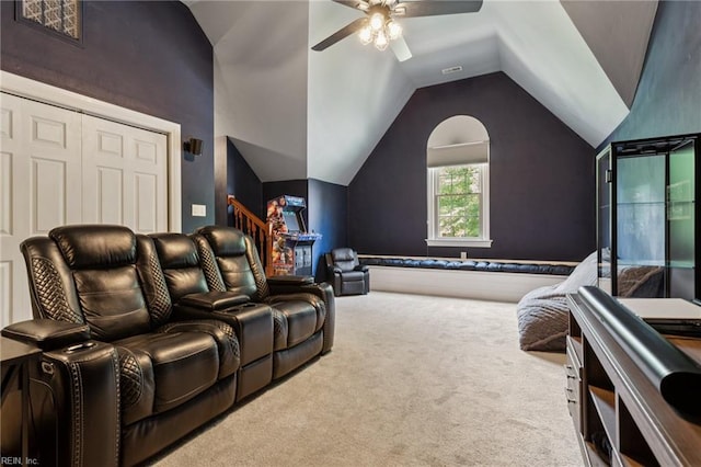 713 Tupelo Xing, Chesapeake, VA 23320 - home theater featuring carpet, vaulted ceiling, and a ceiling fan