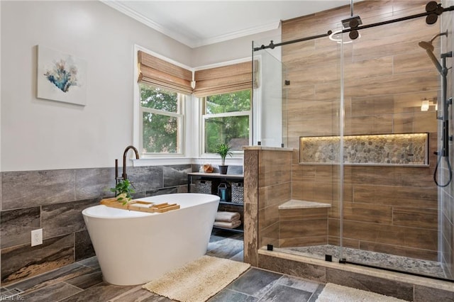 713 Tupelo Xing, Chesapeake, VA 23320 - bathroom with tile walls, a freestanding bath, a shower stall, and crown molding