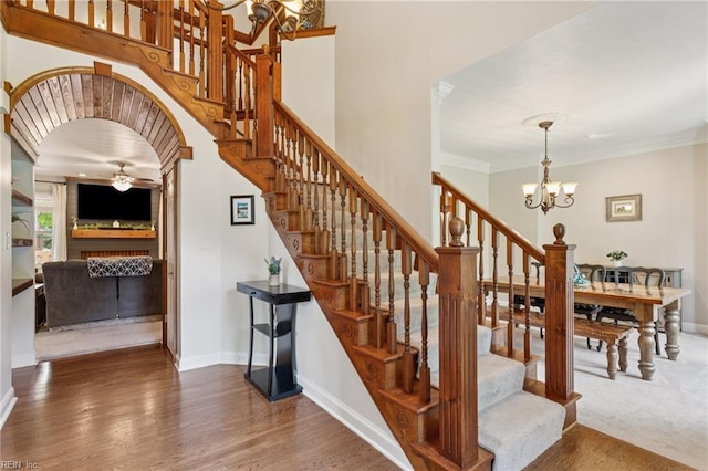 713 Tupelo Xing, Chesapeake, VA 23320 - stairway featuring a chandelier, wood finished floors, a ceiling fan, and ornamental molding