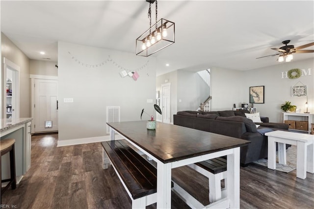 110 Sea Hero Ct, Suffolk, VA 23435 - dining area with dark wood-style flooring, stairway, recessed lighting, and a ceiling fan