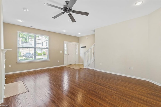 1439 Otterbourne Cir, Chesapeake, VA 23320 - unfurnished living room with stairs, wood finished floors, ceiling fan, and recessed lighting