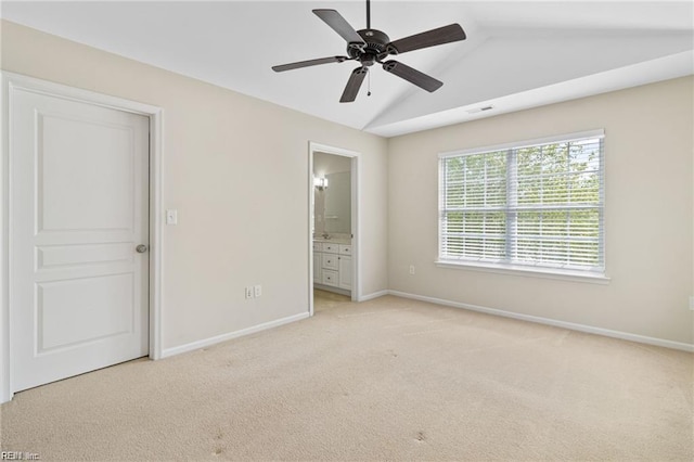 1439 Otterbourne Cir, Chesapeake, VA 23320 - unfurnished bedroom featuring light colored carpet, vaulted ceiling, ensuite bath, and a ceiling fan
