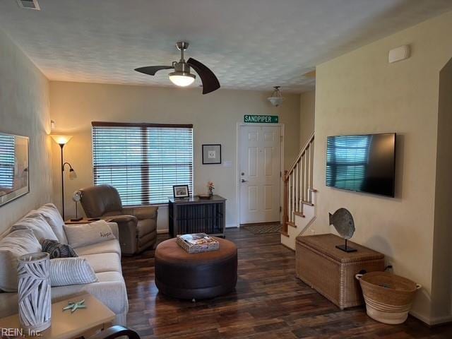 11361 Lena Rose St, Windsor, VA 23487 - living area featuring wood finished floors, a ceiling fan, and stairway