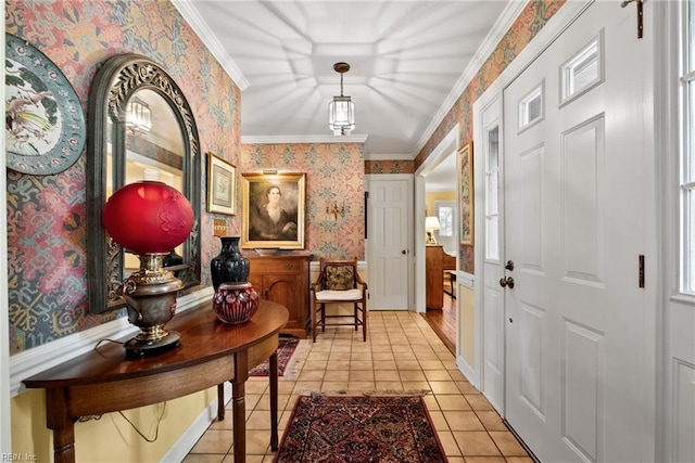 525 Pagan Rd, Smithfield, VA 23430 - foyer featuring wallpapered walls, light tile patterned floors, crown molding, and a wainscoted wall