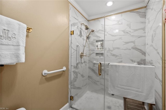525 Pagan Rd, Smithfield, VA 23430 - full bath featuring ornamental molding, a marble finish shower, and recessed lighting
