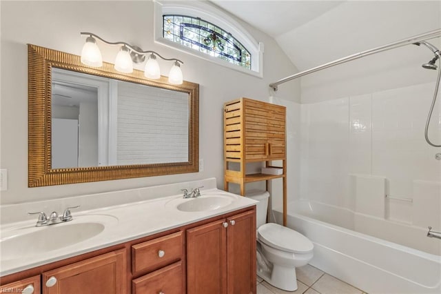 2655 Village Ave, Chesapeake, VA 23323 - bathroom featuring tile patterned flooring, vaulted ceiling, shower / tub combination, and double vanity