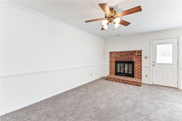 284 Windbrooke Ln, Virginia Beach, VA 23462 - unfurnished living room featuring carpet flooring, a brick fireplace, a ceiling fan, and ornamental molding