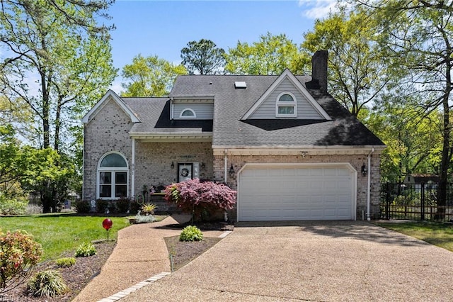 801 Kings Creek Dr, Virginia Beach, VA 23464 - view of front facade with concrete driveway, brick siding, a chimney, and roof with shingles