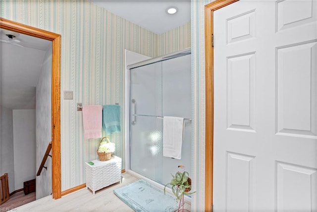 801 Kings Creek Dr, Virginia Beach, VA 23464 - bathroom with wood finished floors, wallpapered walls, and a shower with door