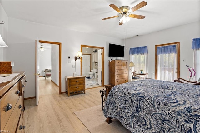 801 Kings Creek Dr, Virginia Beach, VA 23464 - bedroom with light wood-style floors, ensuite bath, ceiling fan, and access to outside