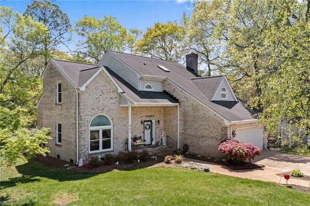 801 Kings Creek Dr, Virginia Beach, VA 23464 - view of front of home with brick siding, a garage, a chimney, a front lawn, and concrete driveway