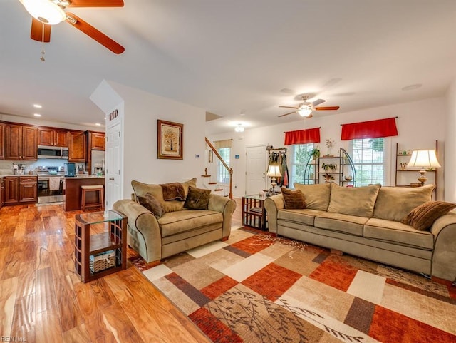 405 Oaktree Rd, Williamsburg, VA 23188 - living area with ceiling fan, light wood-type flooring, stairway, and recessed lighting