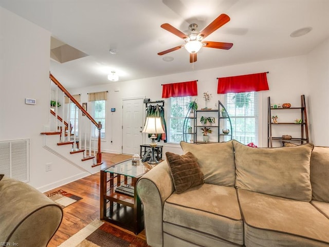 405 Oaktree Rd, Williamsburg, VA 23188 - living area featuring stairway, ceiling fan, and wood finished floors
