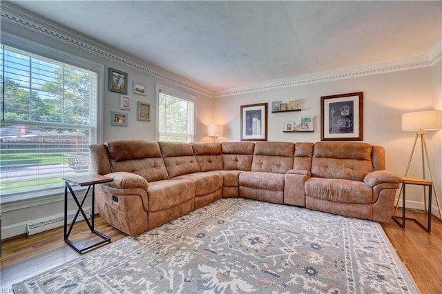 2816 Ashwood Dr, Chesapeake, VA 23321 - living room with ornamental molding, wood finished floors, and baseboard heating