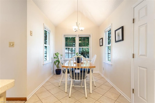 13 Fawn Cir, Hampton, VA 23666 - dining area with healthy amount of natural light, a chandelier, light tile patterned floors, and vaulted ceiling