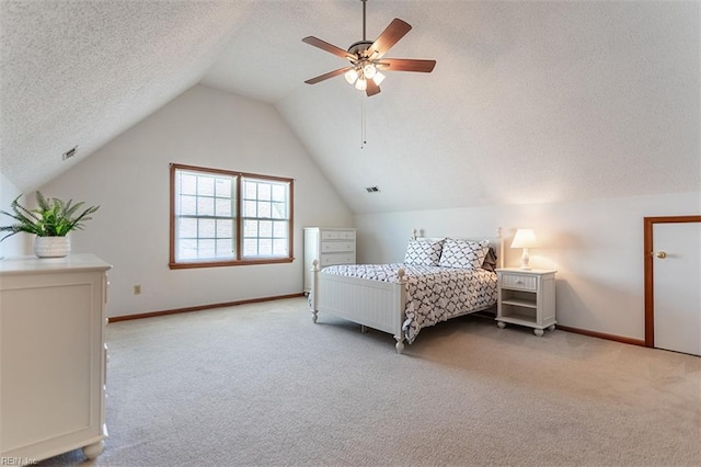 13 Fawn Cir, Hampton, VA 23666 - bedroom featuring light carpet, a textured ceiling, vaulted ceiling, and ceiling fan