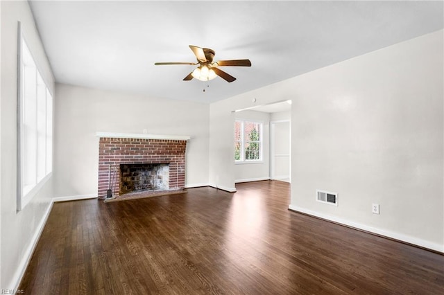 2822 Beachmont Ave, Norfolk, VA 23504 - unfurnished living room featuring ceiling fan, wood finished floors, and a fireplace