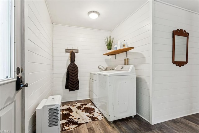 682 Bay Port Rd, Jamaica, VA 23079 - laundry area with washer and dryer, dark wood-type flooring, wooden walls, and heating unit