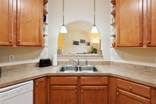 903 Rustads Cir, Williamsburg, VA 23188 - kitchen featuring open shelves, dishwasher, light countertops, hanging light fixtures, and brown cabinetry