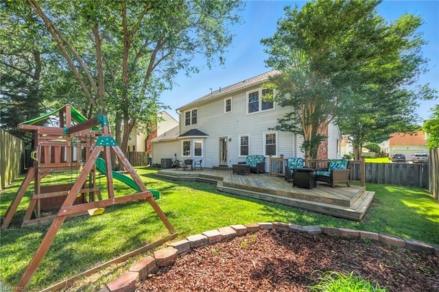 1628 Hawks Bill Dr, Virginia Beach, VA 23464 - rear view of house with a fenced backyard, a playground, a wooden deck, and an outdoor living space