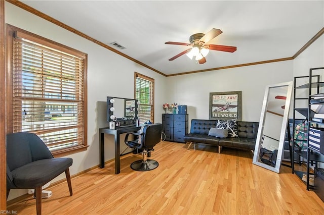 1628 Hawks Bill Dr, Virginia Beach, VA 23464 - home office with light wood finished floors, a ceiling fan, and ornamental molding