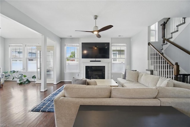 2137 Bellflower Way, Chesapeake, VA 23323 - living area featuring plenty of natural light, ceiling fan, dark wood-style floors, and a large fireplace