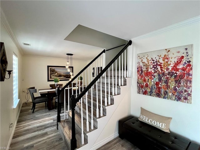 120 Lancelot Dr, Suffolk, VA 23434 - staircase with ornamental molding and wood finished floors