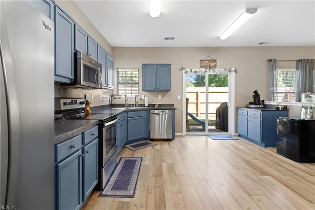 3904 River Breeze Cir, Chesapeake, VA 23321 - kitchen featuring stainless steel appliances, blue cabinetry, light wood-type flooring, and dark countertops