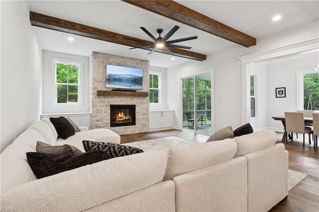 104 Tucker Ct, Carrollton, VA 23314 - living room with wood finished floors, recessed lighting, a stone fireplace, a ceiling fan, and beam ceiling