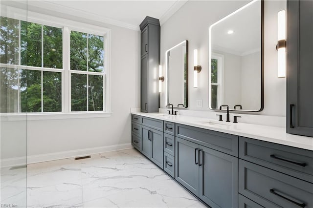 104 Tucker Ct, Carrollton, VA 23314 - full bathroom featuring double vanity, marble finish floors, crown molding, and recessed lighting