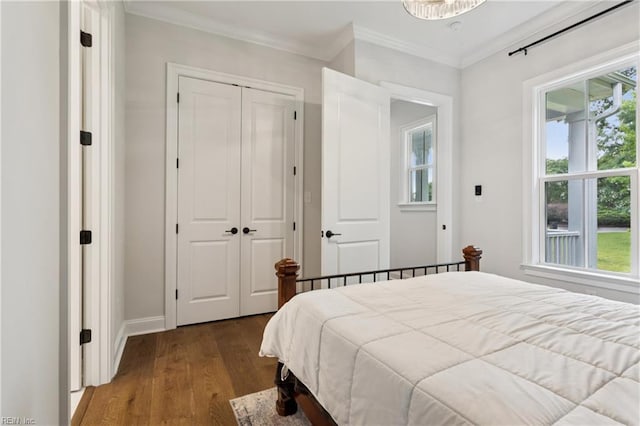 104 Tucker Ct, Carrollton, VA 23314 - bedroom with dark wood-type flooring, a closet, and crown molding