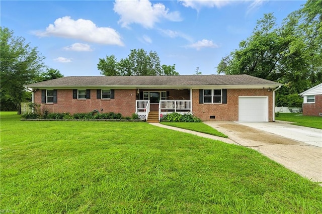 16 Inglewood Dr, Hampton, VA 23666 - ranch-style home with covered porch, an attached garage, concrete driveway, brick siding, and a front lawn