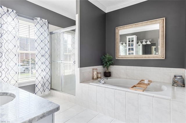 101 Ryder, Smithfield, VA 23430 - bathroom with vanity, a garden tub, a stall shower, ornamental molding, and tile patterned floors
