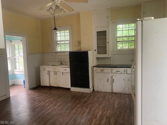 603 N High St, Franklin, VA 23851 - kitchen featuring freestanding refrigerator, dark wood finished floors, a ceiling fan, and white cabinets