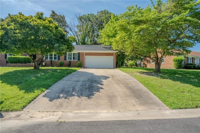 2028 Hickorywood Dr, Suffolk, VA 23434 - ranch-style home featuring an attached garage, a front yard, concrete driveway, and brick siding