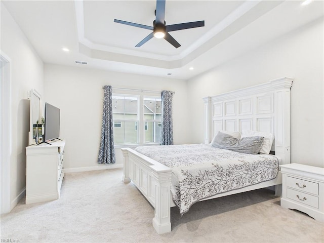 1732 Defiance Dr, Chesapeake, VA 23323 - bedroom featuring a tray ceiling, light carpet, recessed lighting, and ceiling fan