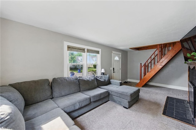 328 E Lorengo Ave, Norfolk, VA 23503 - carpeted living room with stairway and a fireplace