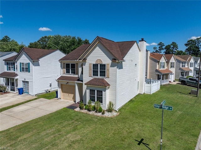 730 Kings Ridge Dr, Newport News, VA 23608 - view of front facade featuring driveway, an attached garage, a front lawn, and a chimney